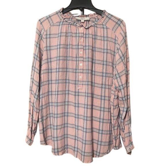 Loft Ruffled Neck Plaid Rayon Blouse Top Pink Navy Blue Long Sleeve Plus Size 18 - Picture 1 of 6